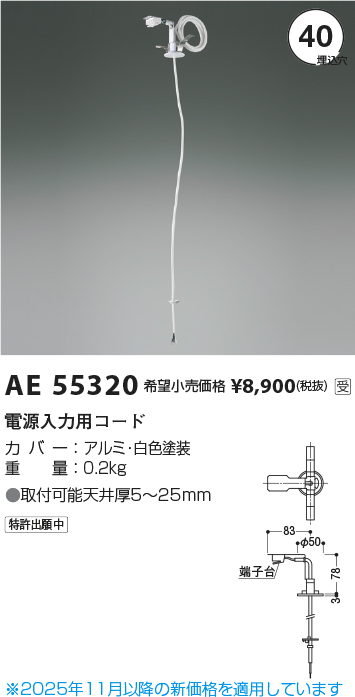 安心のメーカー保証【インボイス対応店】AE55320 コイズミ オプション 電源入力用コード  Ｔ区分の画像