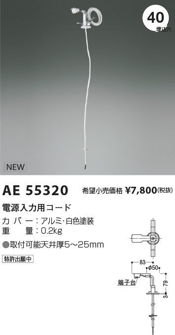 安心のメーカー保証【インボイス対応店】AE55320 コイズミ オプション 電源入力用コード  Ｔ区分の画像