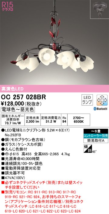 安心のメーカー保証【インボイス対応店】OC257028BR （ランプ別梱包）『OC257028#＋NO292FB×6』 オーデリック シャンデリア LED リモコン別売  Ｎ区分の画像