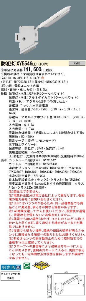 安心のメーカー保証【インボイス対応店】XY5546LE1 『NNY20338LE1＋NNY20391KLE1』 パナソニック 屋外灯 防犯灯 LED  受注生産品  Ｈ区分の画像