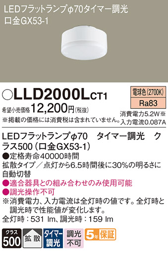 安心のメーカー保証【インボイス対応店】LLD2000LCT1 （クラス500口金GX53-1） パナソニック ランプ類 LEDユニット LED  Ｔ区分の画像