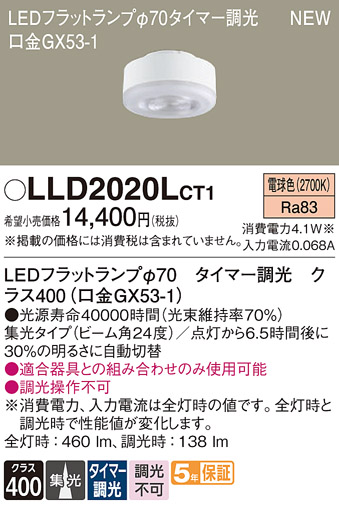 安心のメーカー保証【インボイス対応店】LLD2020LCT1 （クラス400口金GX53-1） パナソニック ランプ類 LEDユニット LED  Ｔ区分の画像