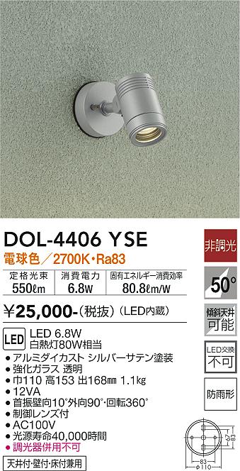 安心のメーカー保証【インボイス対応店】DOL-4406YSE ダイコー 屋外灯 スポットライト LED の画像