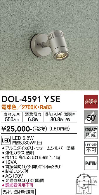 安心のメーカー保証【インボイス対応店】DOL-4591YSE ダイコー 屋外灯 スポットライト LED の画像