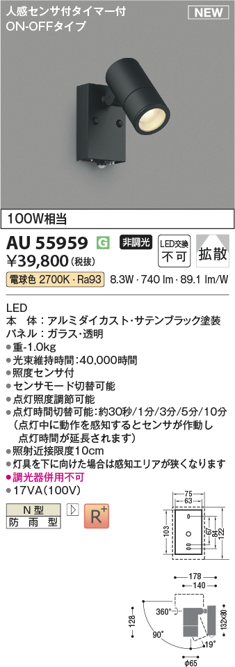 安心のメーカー保証【インボイス対応店】AU55959 コイズミ 屋外灯 スポットライト LED  Ｔ区分の画像