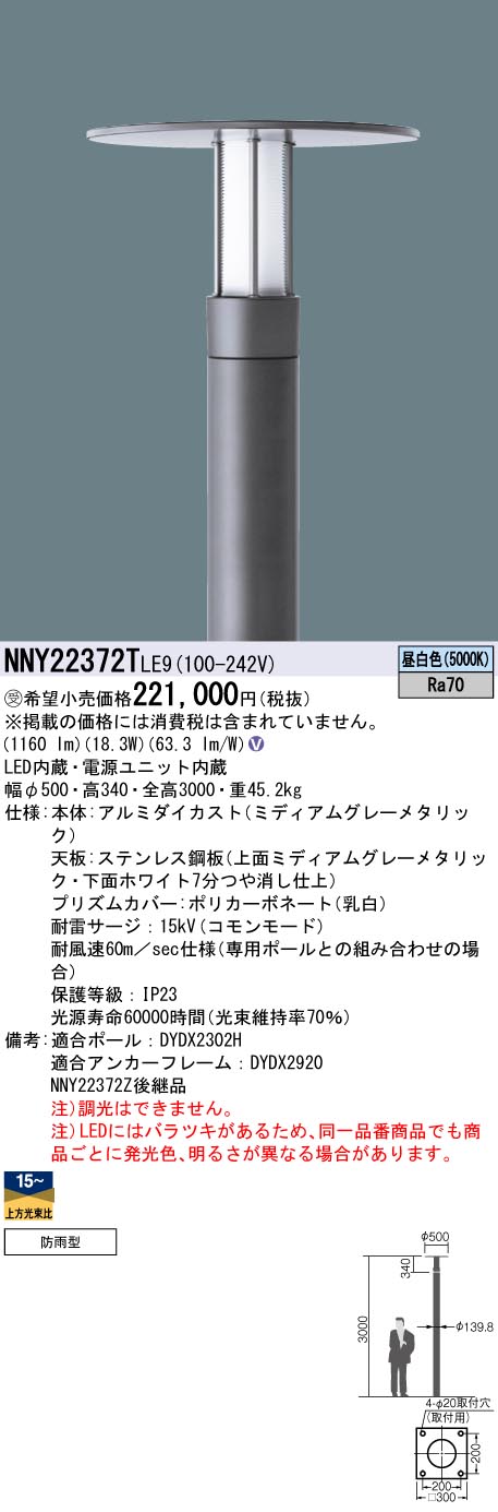 安心のメーカー保証【インボイス対応店】NNY22372TLE9 （ポール別売） パナソニック 屋外灯 ポール灯 灯具のみ LED  受注生産品  Ｎ区分の画像