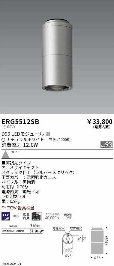 安心のメーカー保証【インボイス対応店】ERG5512SB 遠藤照明 ポーチライト 軒下用 LED  Ｎ区分 Ｎ発送の画像