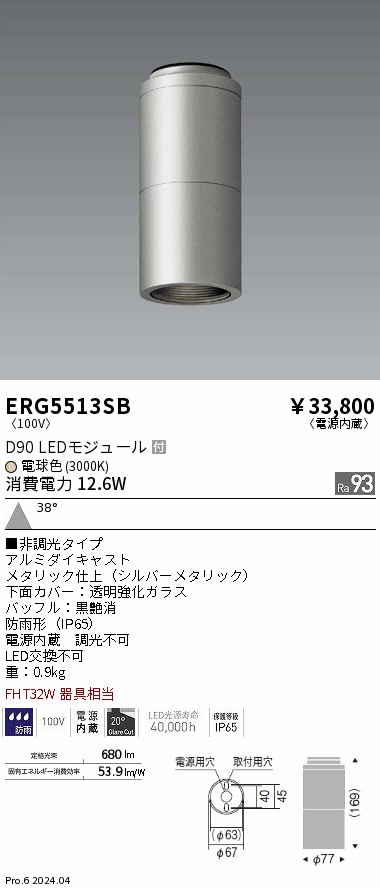 安心のメーカー保証【インボイス対応店】ERG5513SB 遠藤照明 ポーチライト 軒下用 LED  Ｎ区分 Ｎ発送の画像