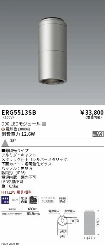 安心のメーカー保証【インボイス対応店】ERG5513SB 遠藤照明 ポーチライト 軒下用 LED  Ｎ区分の画像