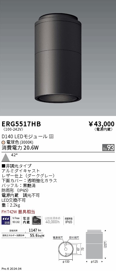 安心のメーカー保証【インボイス対応店】ERG5517HB 遠藤照明 ポーチライト 軒下用 LED  Ｎ区分 Ｎ発送の画像