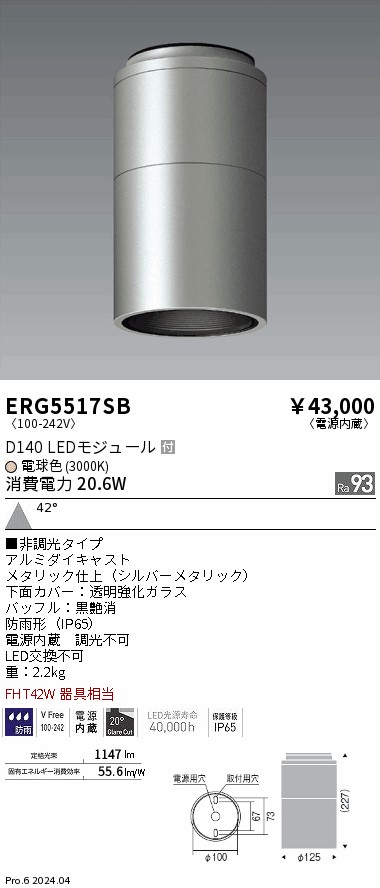 安心のメーカー保証【インボイス対応店】ERG5517SB 遠藤照明 ポーチライト 軒下用 LED  Ｎ区分 Ｎ発送の画像