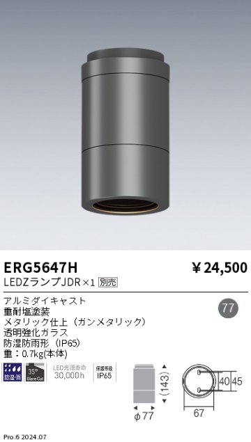 安心のメーカー保証【インボイス対応店】ERG5647H 遠藤照明 ポーチライト 軒下用 LED  Ｎ区分の画像