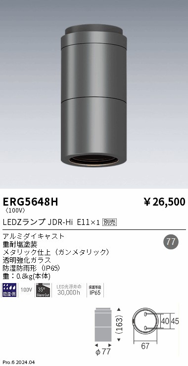 安心のメーカー保証【インボイス対応店】ERG5648H 遠藤照明 ポーチライト 軒下用 LED  Ｎ区分の画像