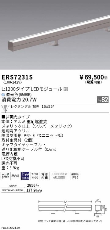 安心のメーカー保証【インボイス対応店】ERS7231S 遠藤照明 屋外灯 ラインスポットライト LED  受注生産品  Ｎ区分 メーカー直送の画像