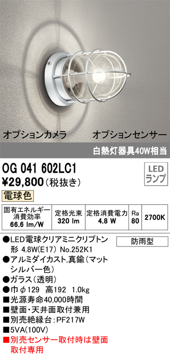 安心のメーカー保証【インボイス対応店】OG041602LC1 （ランプ別梱包）『OG041602#＋NO252K1』 オーデリック ポーチライト 軒下使用可 LED  Ｈ区分の画像