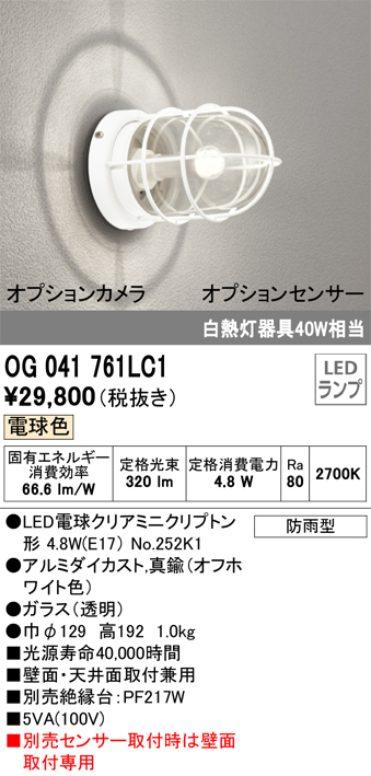 安心のメーカー保証【インボイス対応店】OG041761LC1 （ランプ別梱包）『OG041761#＋NO252K1』 オーデリック ポーチライト 軒下使用可 LED  Ｈ区分の画像