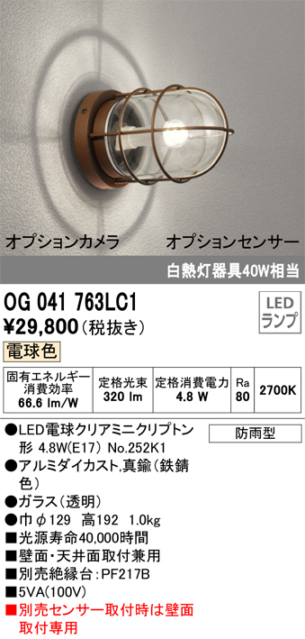 安心のメーカー保証【インボイス対応店】OG041763LC1 （ランプ別梱包）『OG041763#＋NO252K1』 オーデリック ポーチライト 軒下使用可 LED  Ｈ区分の画像