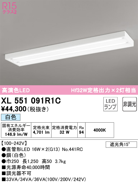 安心のメーカー保証【インボイス対応店】XL551091R1C （ランプ別梱包）『XL551091#Y＋NO441RC×2』 オーデリック ベースライト LED  Ｎ区分の画像