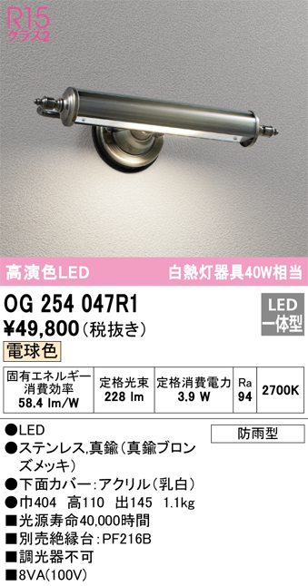 安心のメーカー保証【インボイス対応店】OG254047R1 オーデリック ポーチライト LED  Ｔ区分の画像