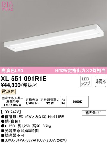 安心のメーカー保証【インボイス対応店】XL551091R1E （ランプ別梱包）『XL551091#Y＋NO441RE×2』 オーデリック ベースライト LED  Ｎ区分の画像