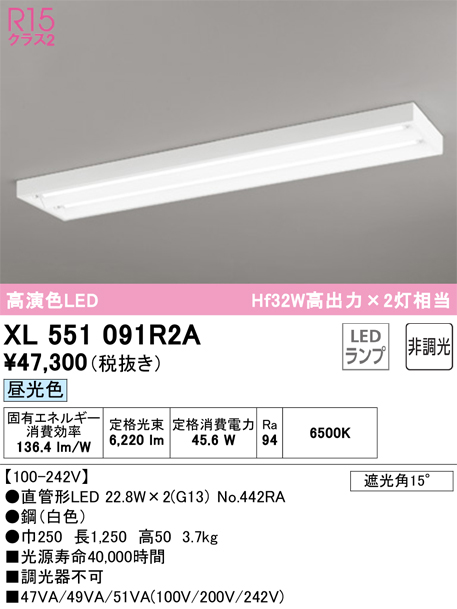 安心のメーカー保証【インボイス対応店】XL551091R2A （ランプ別梱包）『XL551091#Y＋NO442RA×2』 オーデリック ベースライト LED  Ｎ区分の画像