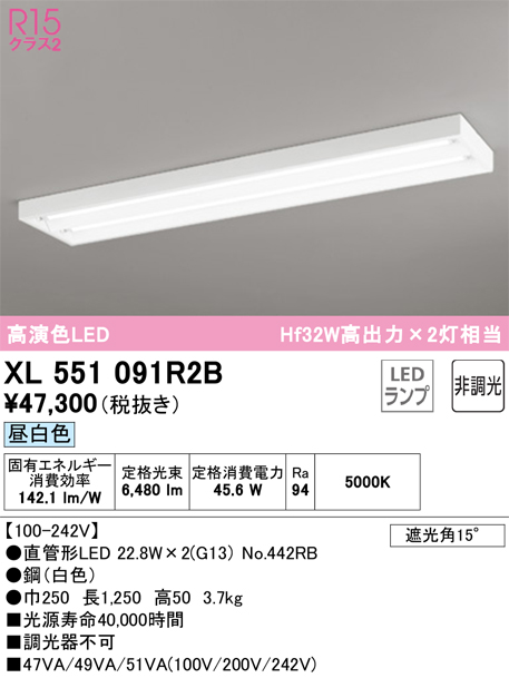 安心のメーカー保証【インボイス対応店】XL551091R2B （ランプ別梱包）『XL551091#Y＋NO442RB×2』 オーデリック ベースライト LED  Ｎ区分の画像