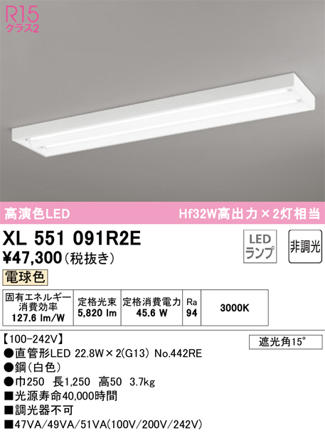 安心のメーカー保証【インボイス対応店】XL551091R2E （ランプ別梱包）『XL551091#Y＋NO442RE×2』 オーデリック ベースライト LED  Ｎ区分の画像