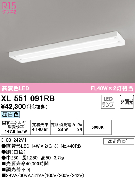 安心のメーカー保証【インボイス対応店】XL551091RB （ランプ別梱包）『XL551091#Y＋NO440RB×2』 オーデリック ベースライト LED  Ｎ区分の画像