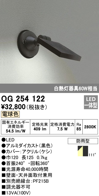 安心のメーカー保証【インボイス対応店】OG254122 オーデリック 屋外灯 スポットライト LED  Ｔ区分の画像