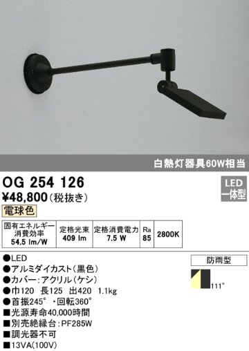 安心のメーカー保証【インボイス対応店】OG254126 オーデリック 屋外灯 スポットライト LED  Ｔ区分の画像