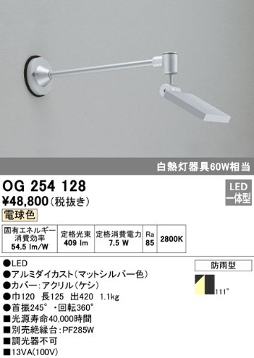 安心のメーカー保証【インボイス対応店】OG254128 オーデリック 屋外灯 スポットライト LED  Ｔ区分の画像