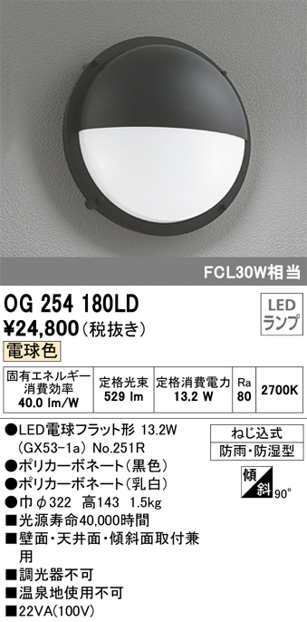 安心のメーカー保証【インボイス対応店】OG254180LD （ランプ別梱包）『OG254180#＋NO251R1』 オーデリック ポーチライト LED  Ｔ区分の画像