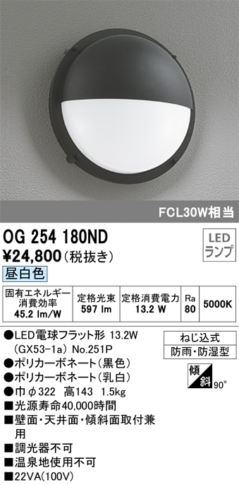 安心のメーカー保証【インボイス対応店】OG254180ND （ランプ別梱包）『OG254180#＋NO251P1』 オーデリック ポーチライト LED  Ｔ区分の画像