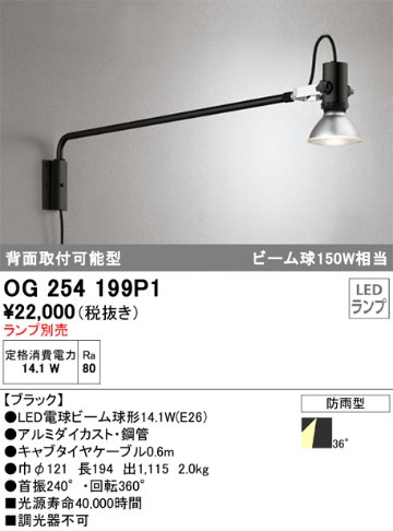 安心のメーカー保証【インボイス対応店】OG254199P1 オーデリック 屋外灯 スポットライト LED ランプ別売 Ｔ区分の画像