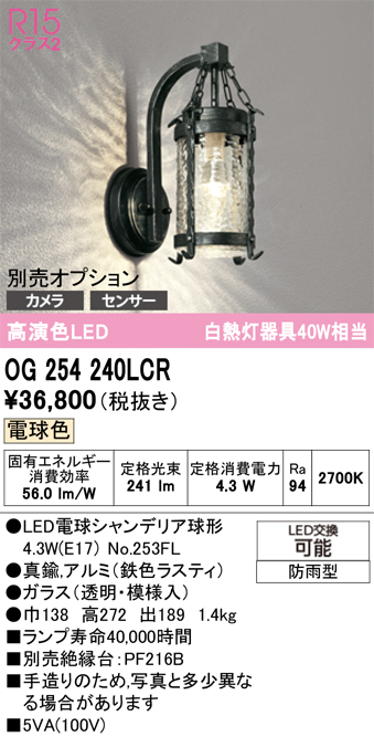 安心のメーカー保証【インボイス対応店】OG254240LCR （ランプ別梱包）『OG254240#＋NO253FL』 オーデリック ポーチライト LED  Ｔ区分の画像