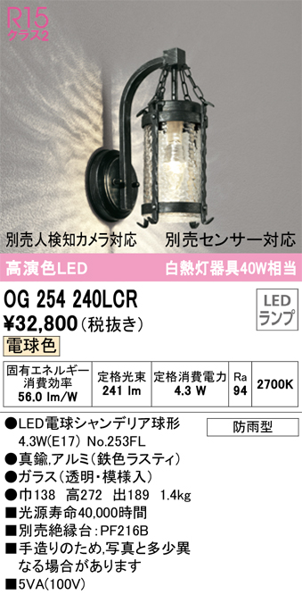 安心のメーカー保証【インボイス対応店】OG254240LCR （ランプ別梱包）『OG254240#＋NO253FL』 オーデリック ポーチライト LED  Ｔ区分の画像