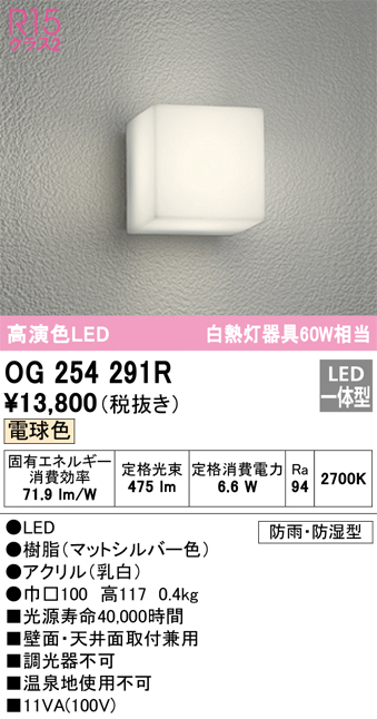 安心のメーカー保証【インボイス対応店】OG254291R オーデリック ポーチライト LED  Ｈ区分の画像
