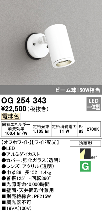 安心のメーカー保証【インボイス対応店】OG254343 オーデリック 屋外灯 スポットライト LED  Ｎ区分の画像