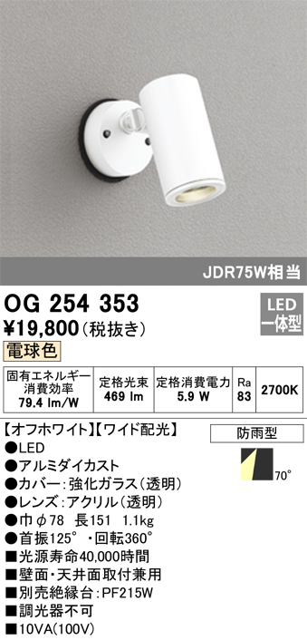 安心のメーカー保証【インボイス対応店】OG254353 オーデリック 屋外灯 スポットライト LED  Ｔ区分の画像