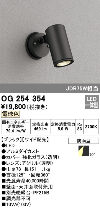 安心のメーカー保証【インボイス対応店】OG254354 オーデリック 屋外灯 スポットライト LED  Ｔ区分の画像