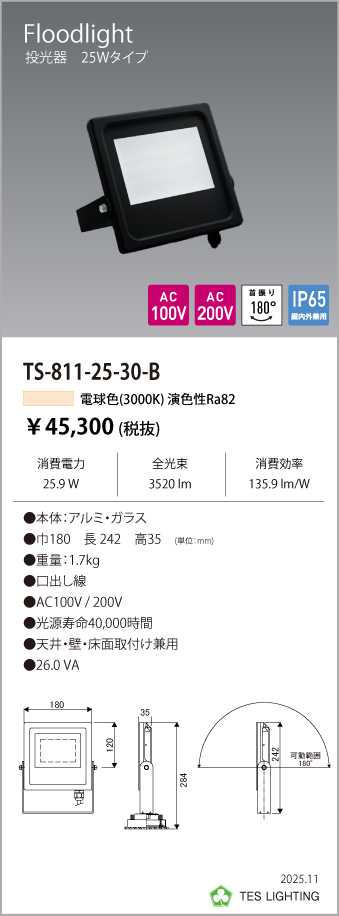 安心のメーカー保証【インボイス対応店】TS-811-25-30-B テスライティング 屋外灯 投光器 LED の画像