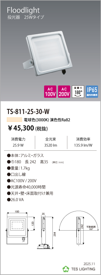 安心のメーカー保証【インボイス対応店】TS-811-25-30-W テスライティング 屋外灯 投光器 LED の画像