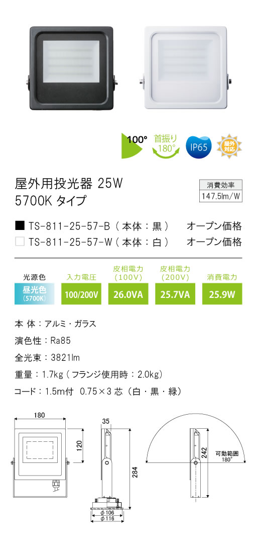 安心のメーカー保証【インボイス対応店】TS-811-25-57-B テスライティング 屋外灯 投光器 LED の画像