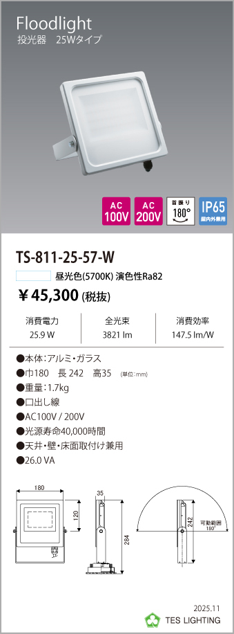 安心のメーカー保証【インボイス対応店】TS-811-25-57-W テスライティング 屋外灯 投光器 LED の画像