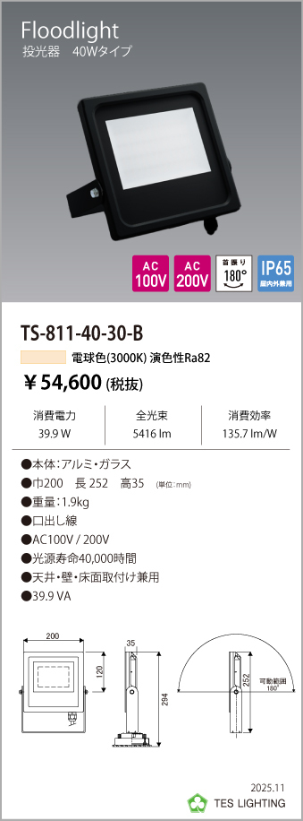 安心のメーカー保証【インボイス対応店】TS-811-40-30-B テスライティング 屋外灯 投光器 LED の画像