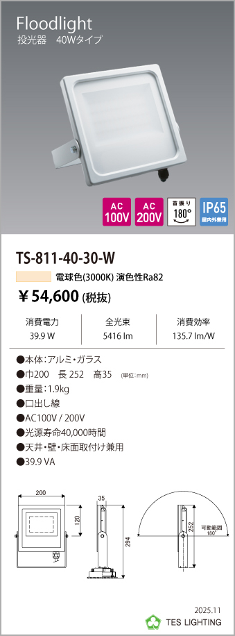 安心のメーカー保証【インボイス対応店】TS-811-40-30-W テスライティング 屋外灯 投光器 LED の画像