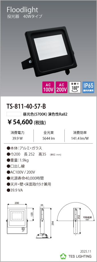 安心のメーカー保証【インボイス対応店】TS-811-40-57-B テスライティング 屋外灯 投光器 LED の画像