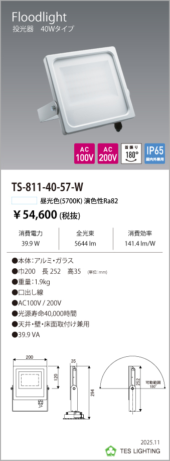 安心のメーカー保証【インボイス対応店】TS-811-40-57-W テスライティング 屋外灯 投光器 LED の画像