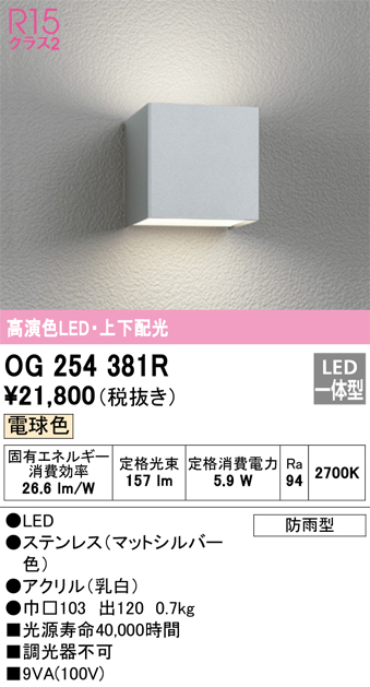 安心のメーカー保証【インボイス対応店】OG254381R オーデリック ポーチライト LED  Ｔ区分の画像