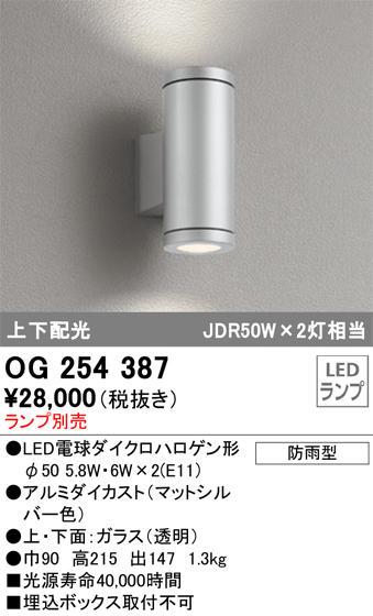 安心のメーカー保証 【インボイス対応店】OG254387 オーデリック ポーチライト LED ランプ別売 Ｔ区分の画像
